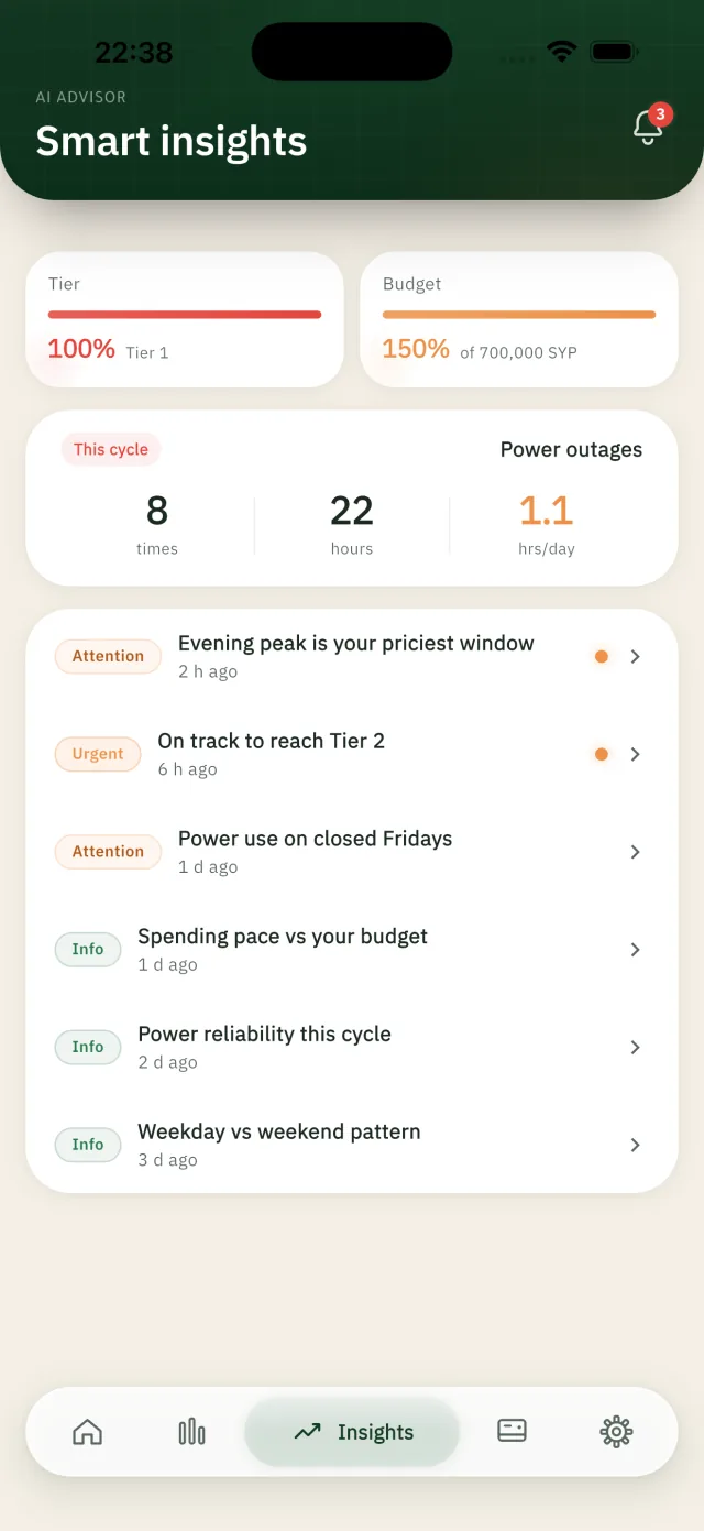 Kashef app screen — Smart insights